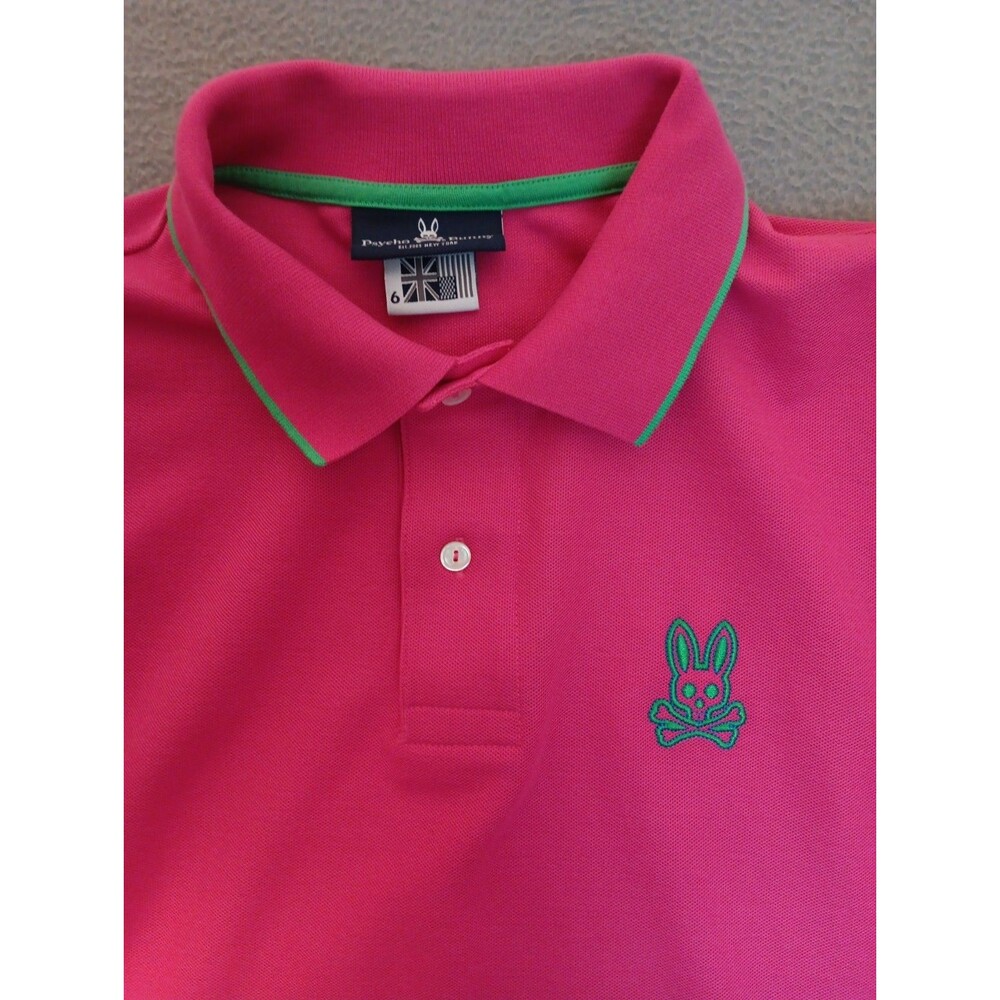 Psycho Bunny Polo Mens Size 6 (LG) Pink  Shirt Green Skull Logo Pima Cotton EUC